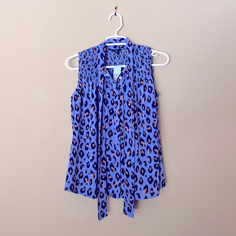 NWT Ann Taylor Sleeveless Blouse Blue Tan XS